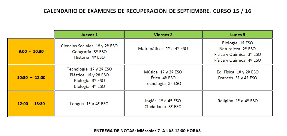 calendario recuperación septiembre 15-16 eso