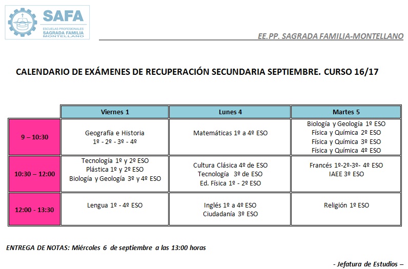 Calendario exámenes septiembre ESO 16/17