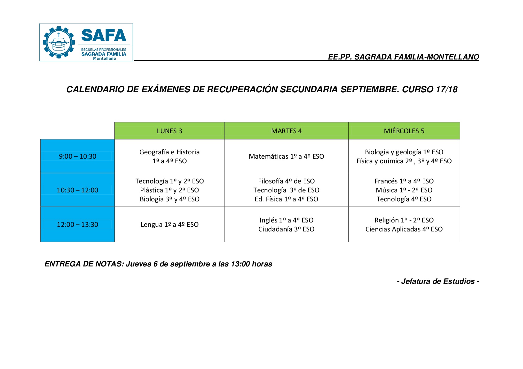 Calendario de Recuperación Septiembre ESO. 17/18