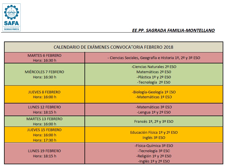 calendario exámenes febrero 2018