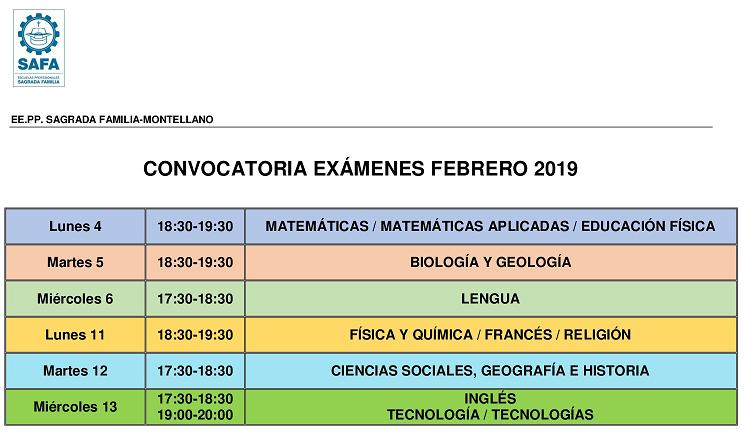 Calendario de exámenes convocatoria febrero 2019