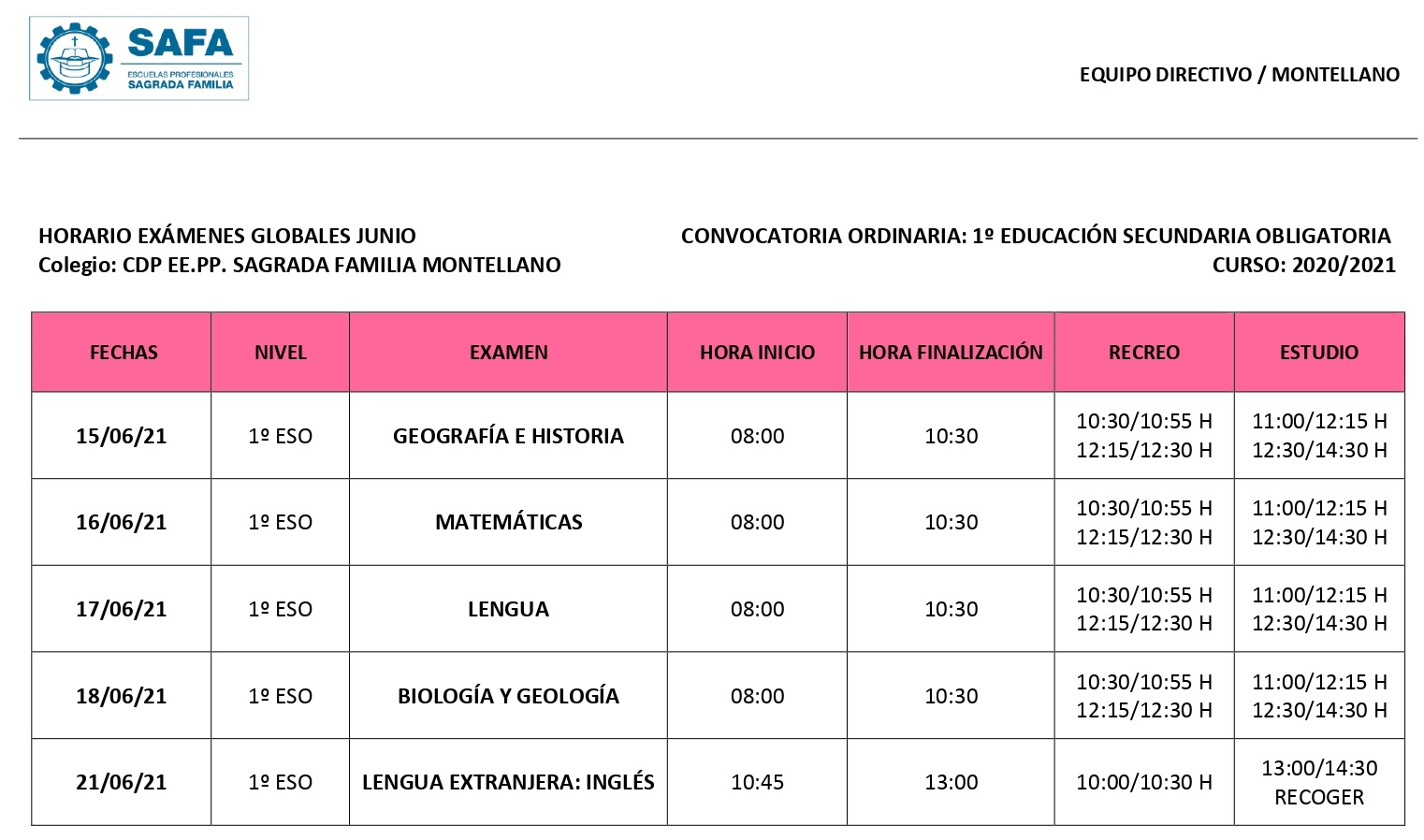 Calendario Globales 1º ESO