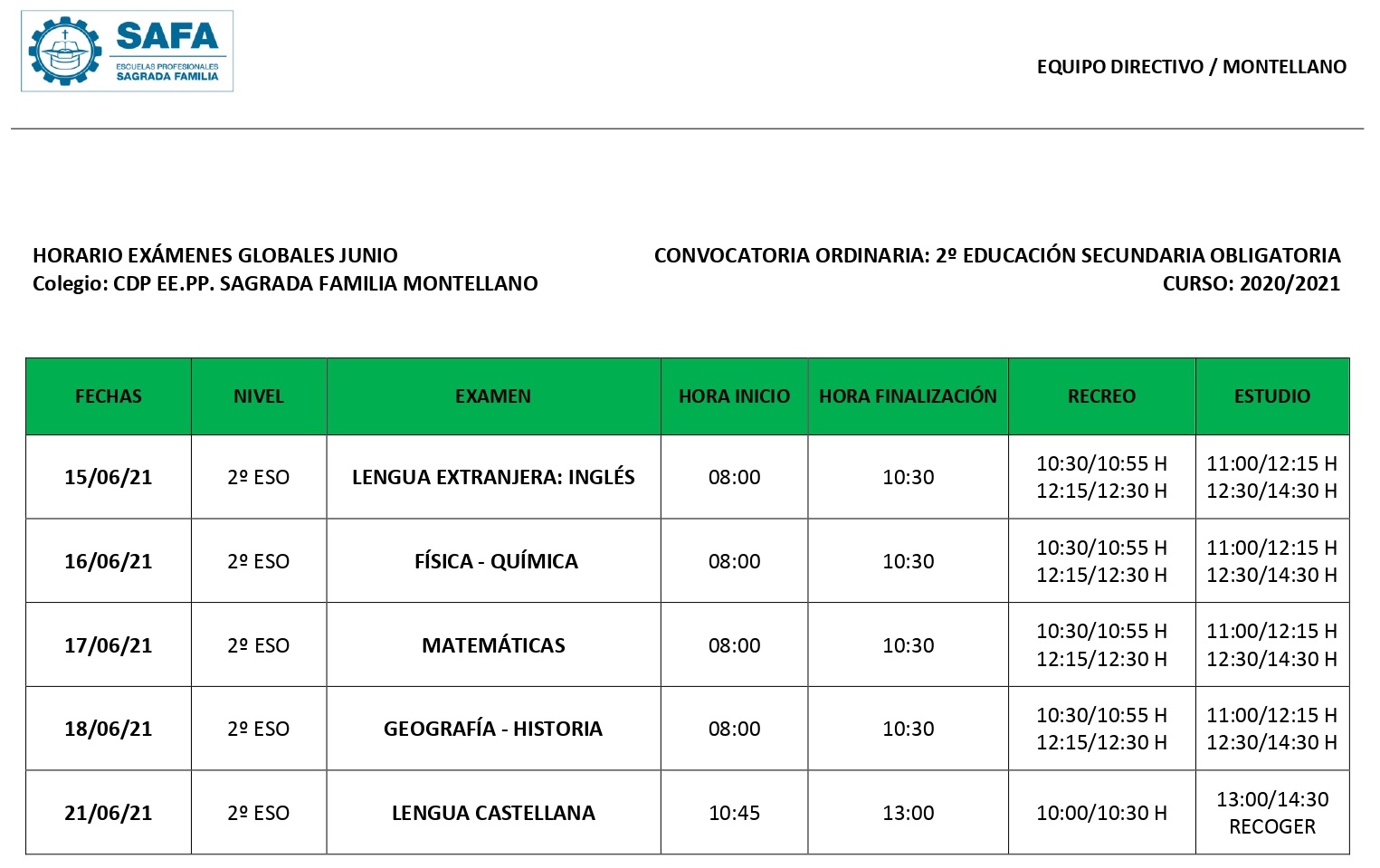 Calendario Globales 2º ESO