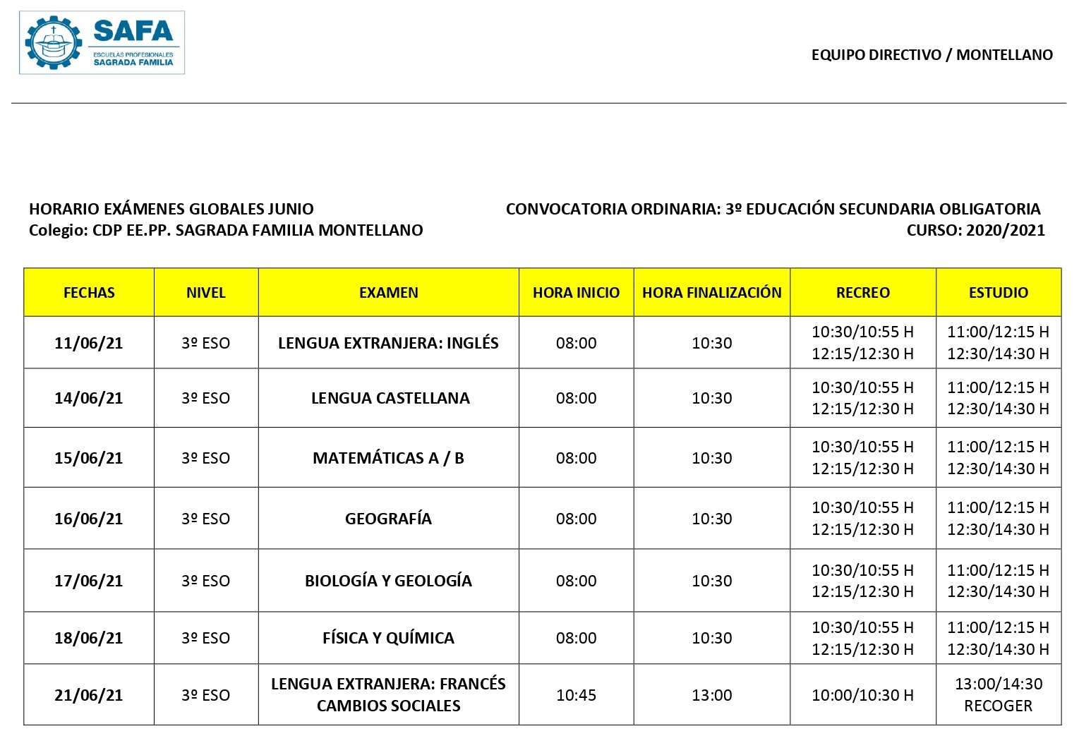 Calendario Globales 3º ESO