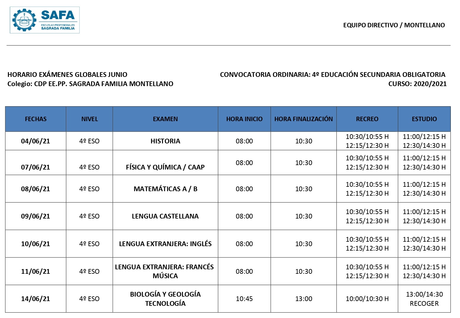 Calendario Globales 4º ESO