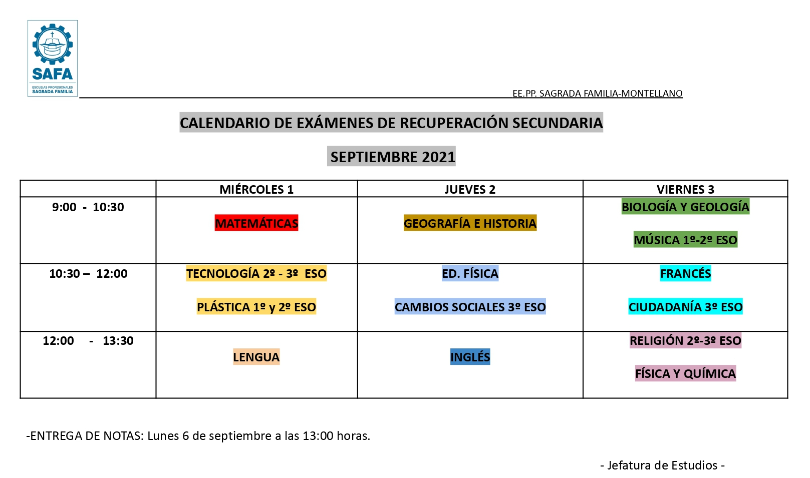 Calendario evaluación extraordinaria septiembre 2021.