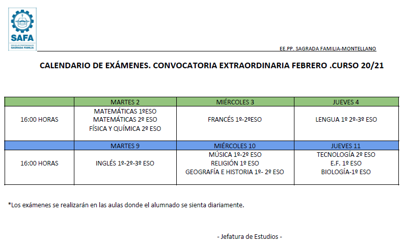 Calendario convocatoria febrero