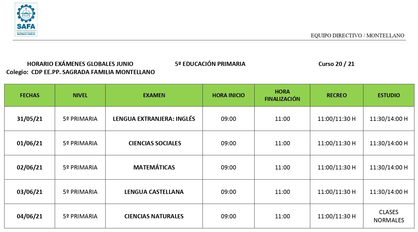 Pruebas globales 5º de Primaria.