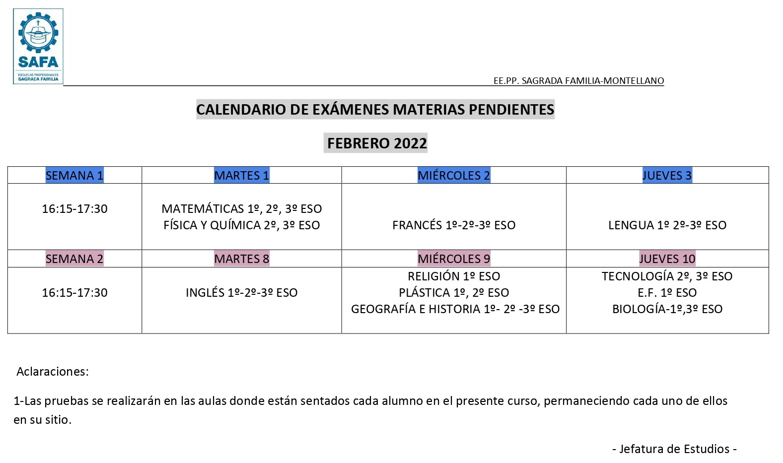 Calendario convocatoria febrero.